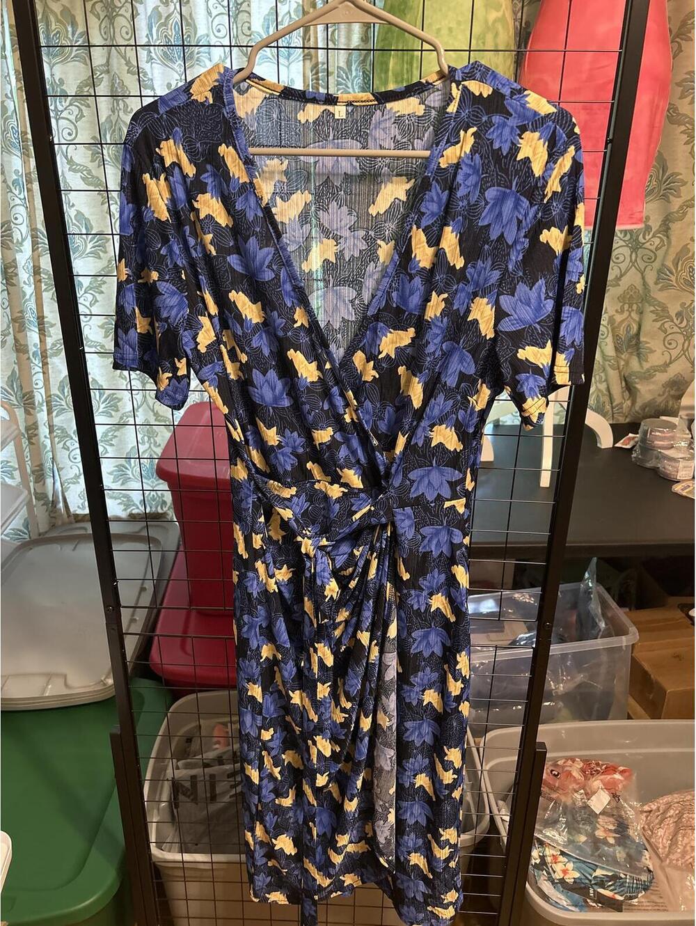 Floral Wrap Dress with Blue and Yellow Leaf Pattern